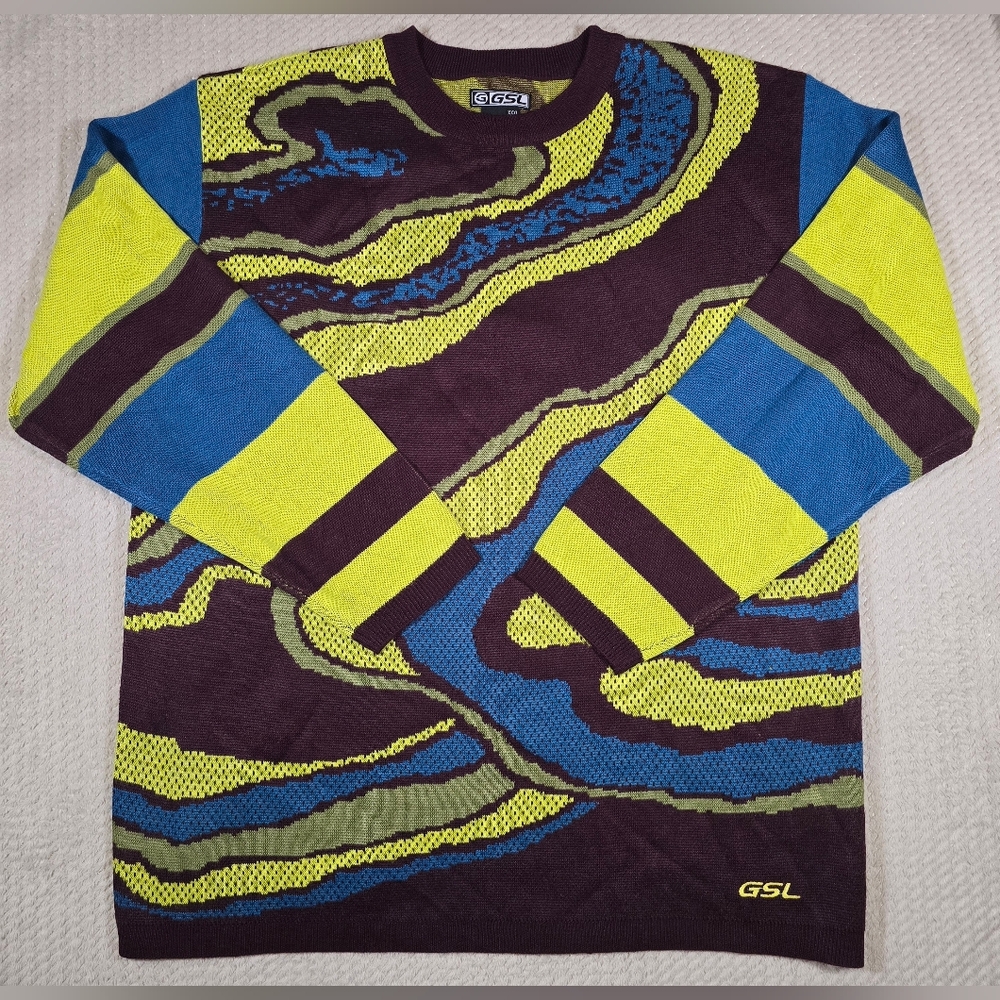 Vtg GSL Optical Sweater Mens XXXL Wool Blend Knit Pullover Abstract Y2K